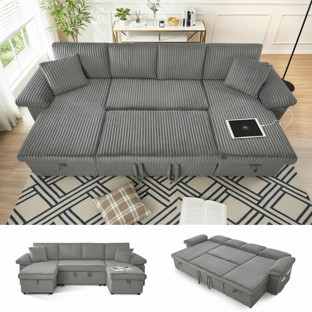 Tiramisubest - Modular Sectional Sofa, 113" Sectional Couch with Pull Out Couch Bed for Living Room Bedroom (Light Grey) - Light Gray