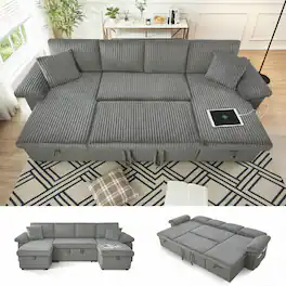 Tiramisubest - Modular Sectional Sofa, 113" Sectional Couch with Pull Out Couch Bed for Living Room Bedroom (Light Grey) - Light Gray