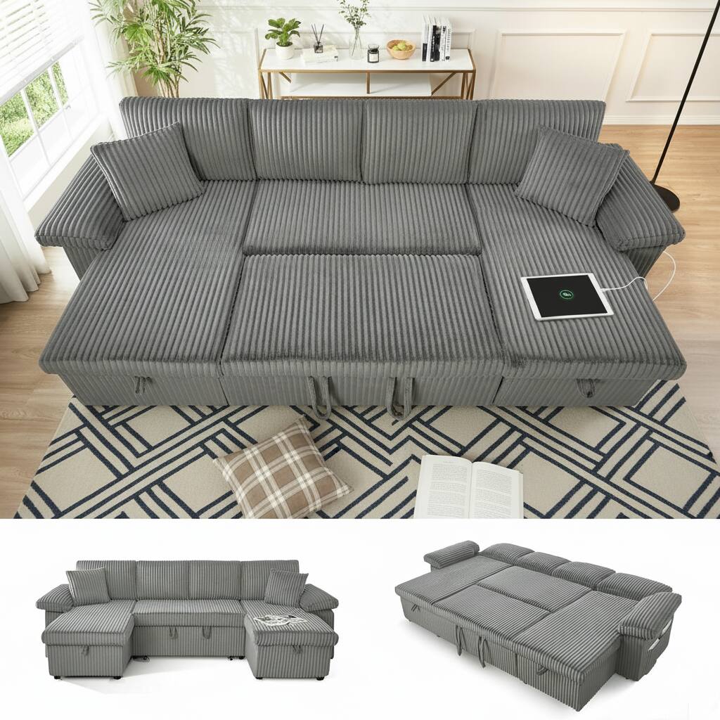 Front. Tiramisubest - TiramisuBest Modular Sectional Sofa, 113" Sectional Couch with Pull Out Couch Bed for Living Room Bedroom (Light Grey) - Light Grey.