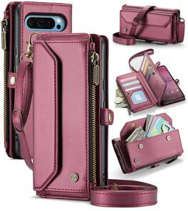 Dteck - Crossbody Wallet Case for Google Pixel 10 Pro XL with 10 Card Slots and Zipper Pocket, RFID Blocking PU Leather Cover - Winered
