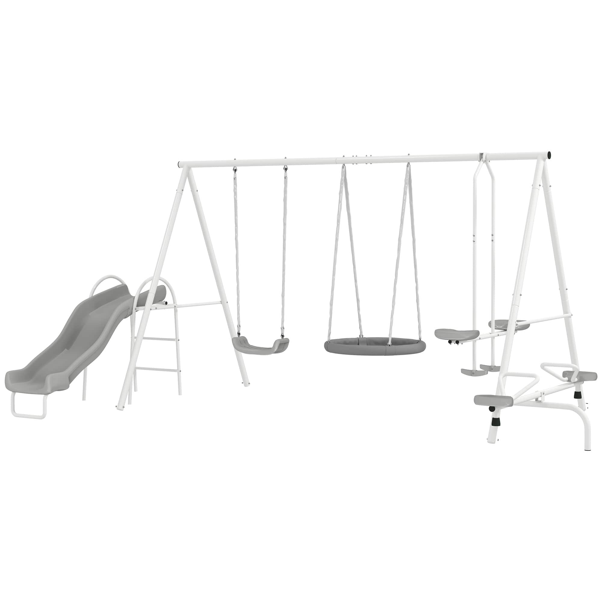 Outsunny - in 1 Kids Swing Set for Backyard with Heavy-Duty A-Frame Stand, Saucer Swing, Slide, Seesaw, Glider - Gray