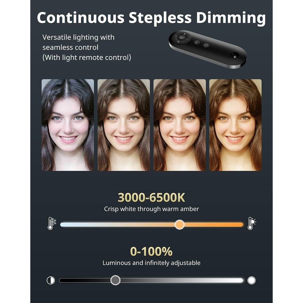 Continuous Stepless Dimming

Versatile lighting with seamless control (With light remote control)

3000-6500K  
Crisp white through warm amber

0-100%  
Luminous and infinitely adjustable