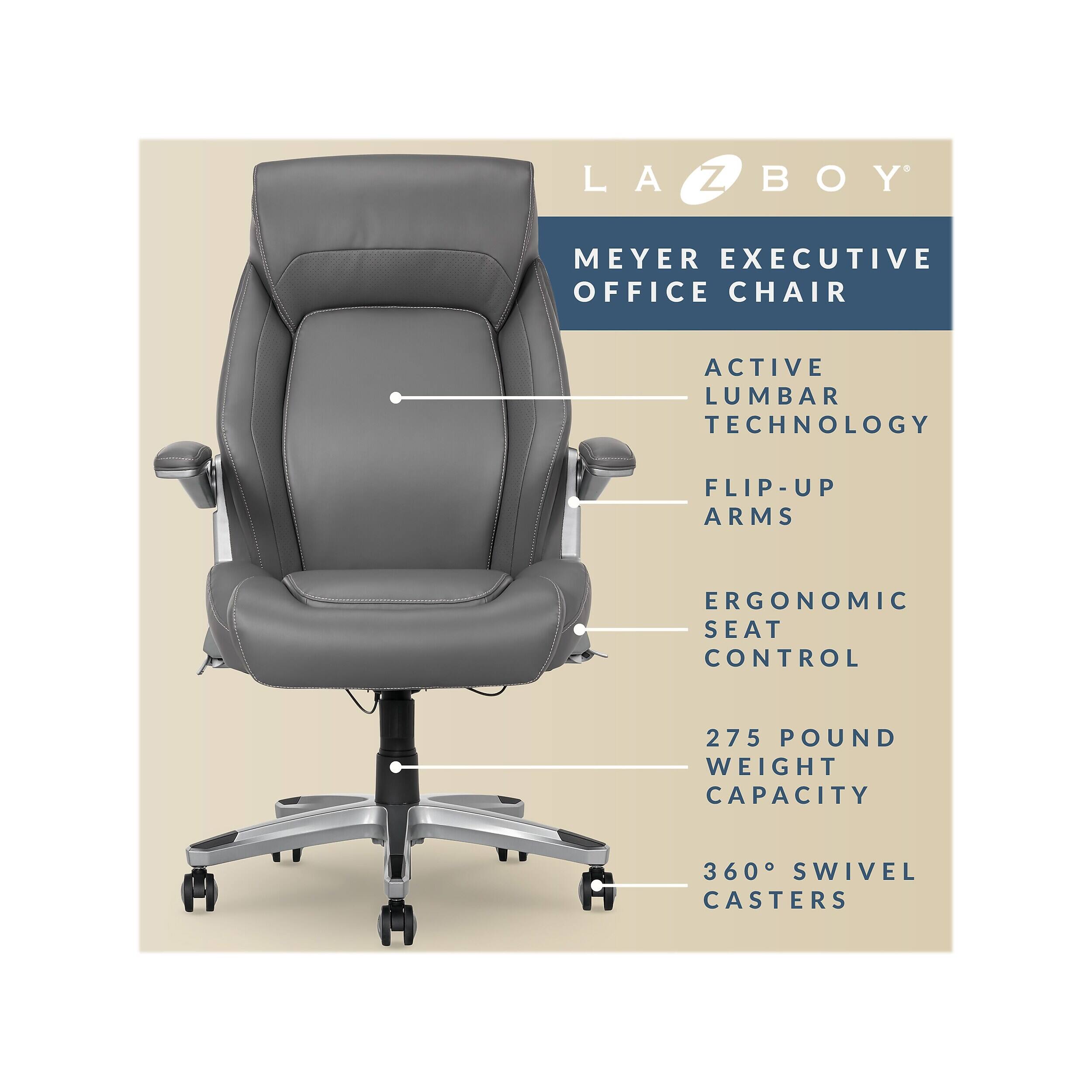 LA-Z-BOY MEYER EXECUTIVE OFFICE CHAIR ACTIVE LUMBAR TECHNOLOGY FLIP-UP ARMS ERGONOMIC SEAT CONTROL 275 POUND WEIGHT CAPACITY 360° SWIVEL CASTERS