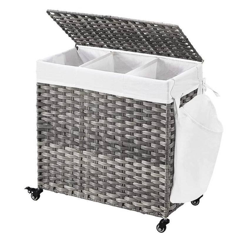 Front. Hivvago - Handwoven Grey PP Rattan 3-Bag Laundry Basket Cart with Cotton Liner on Wheels - Gray.