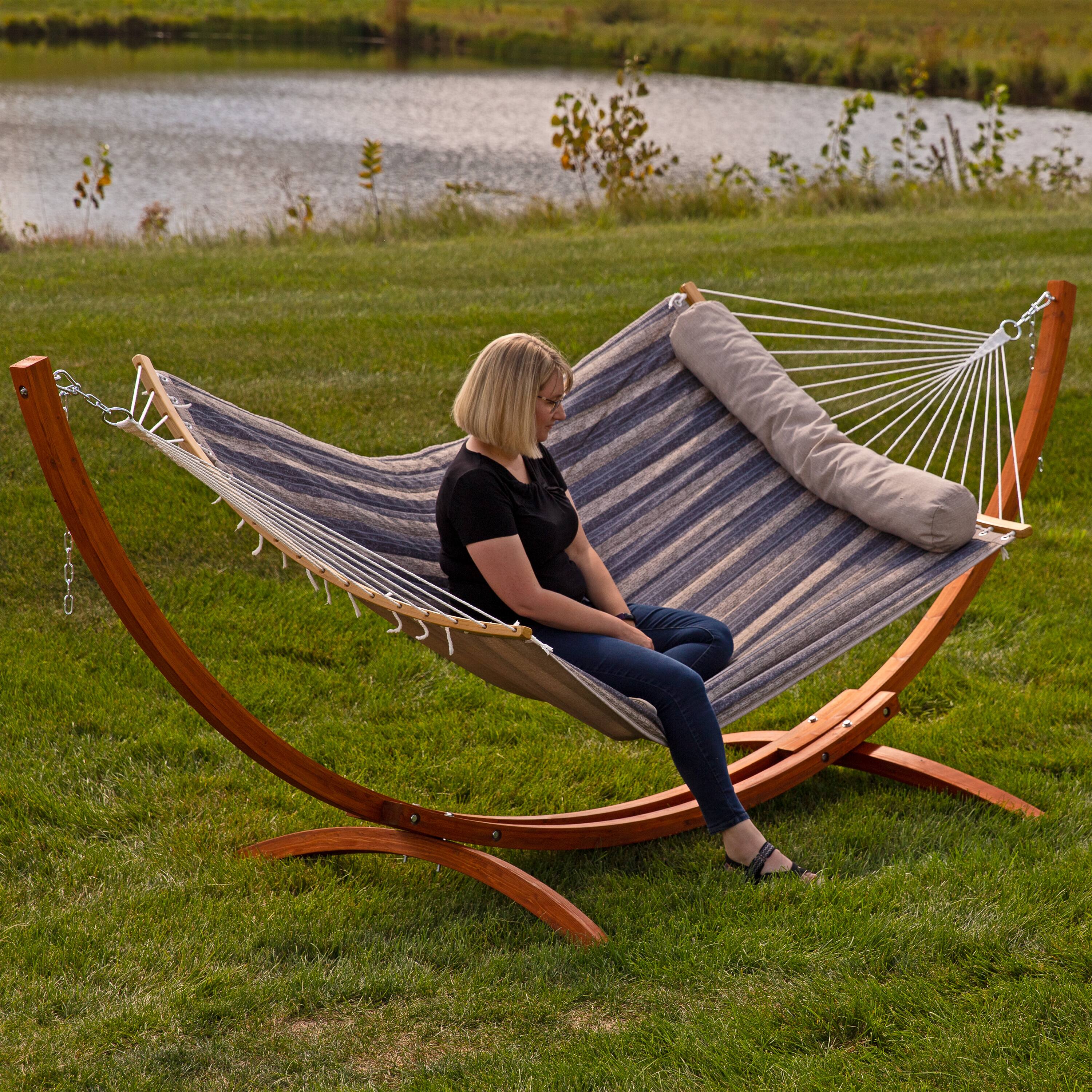 Alt View 8. Sunnydaze - Quilted Hammock with Curved Spreader Bar - Mountainside.