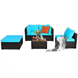 Kadyn - 5 Pcs Patio Rattan Sectional Conversation Ottoman Furniture Set- Patio Seating Conversation - Blue