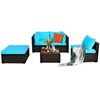 Front. Kadyn - 5 Pcs Patio Rattan Sectional Conversation Ottoman Furniture Set-Blue, Patio Seating Conversation - Blue.