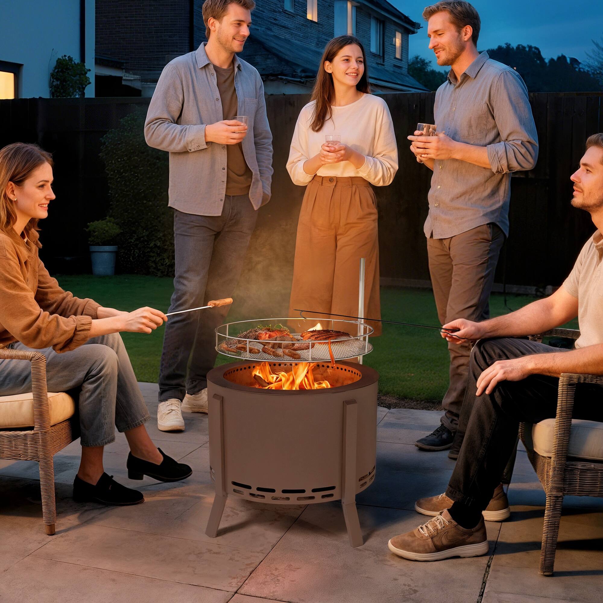 Angle. Outsunny - Outsunny 2-in-1 Smokeless Fire Pit, BBQ Grill, 19" Portable Wood Burning Firepit with Cooking Grate and Poker - Bronze.