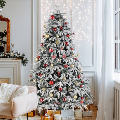 Alt View 8. Winado - 7FT Pre-Lit Artificial Christmas Tree Hinged Snow Flocked with Lights, Single-Sided PE for Indoor Holiday Decorations - Green Flocking.