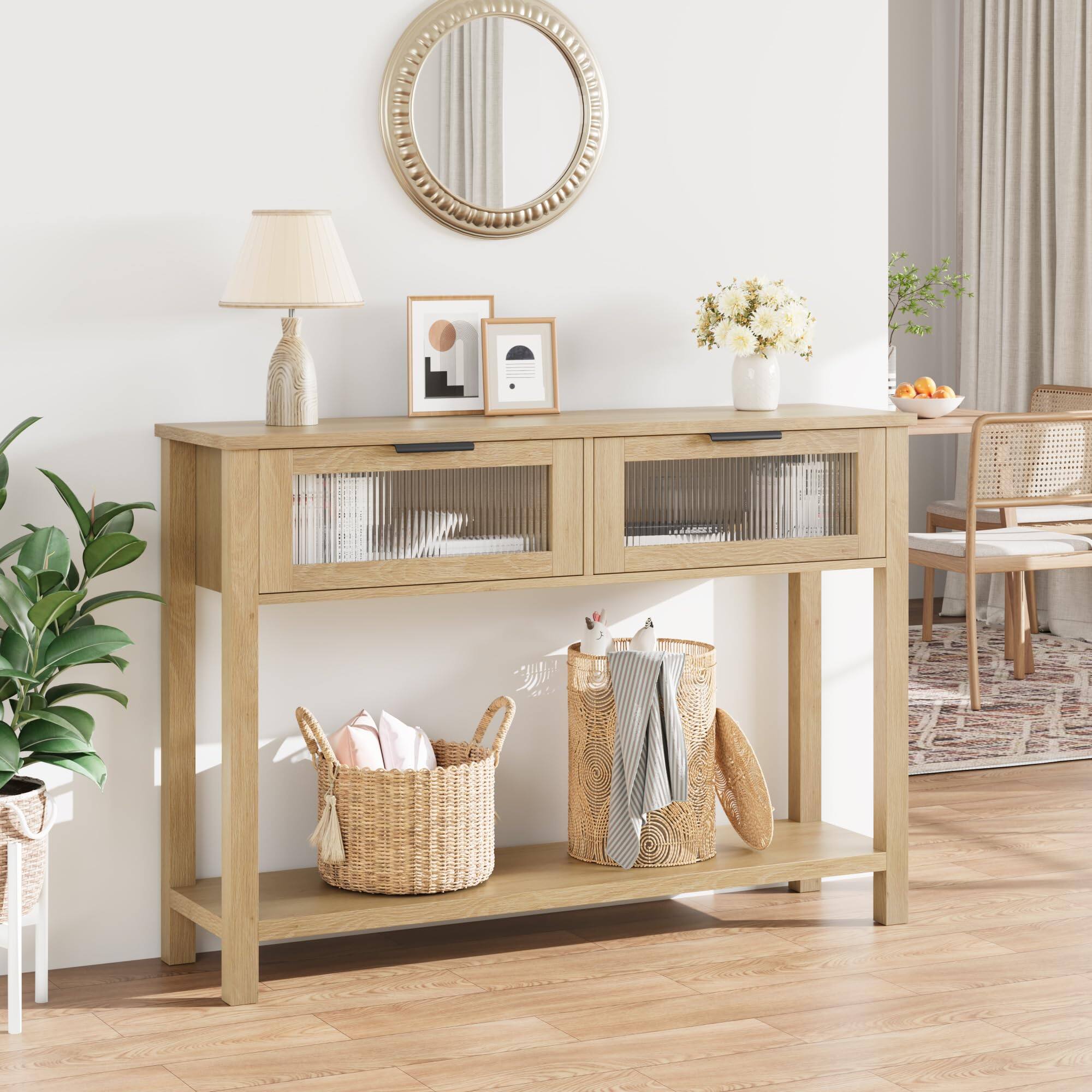 Jojoka - 43" Wood Console Table /Entryway Table with 2 Glass Drawers, 2 Tier Sofa Table with Storage - Beige