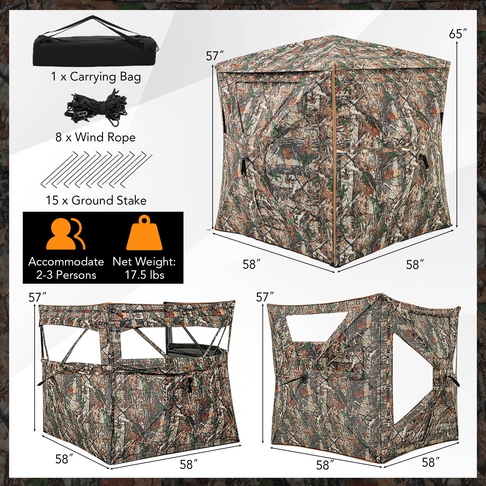 65"  
1 x Carrying Bag  
57"  
8 x Wind Rope  
15 x Ground Stake  
Accommodate 2-3 Persons  
Net Weight: 17.5 lbs  
58"  
58"  
57"  
58"  
58"  
58"  
58"