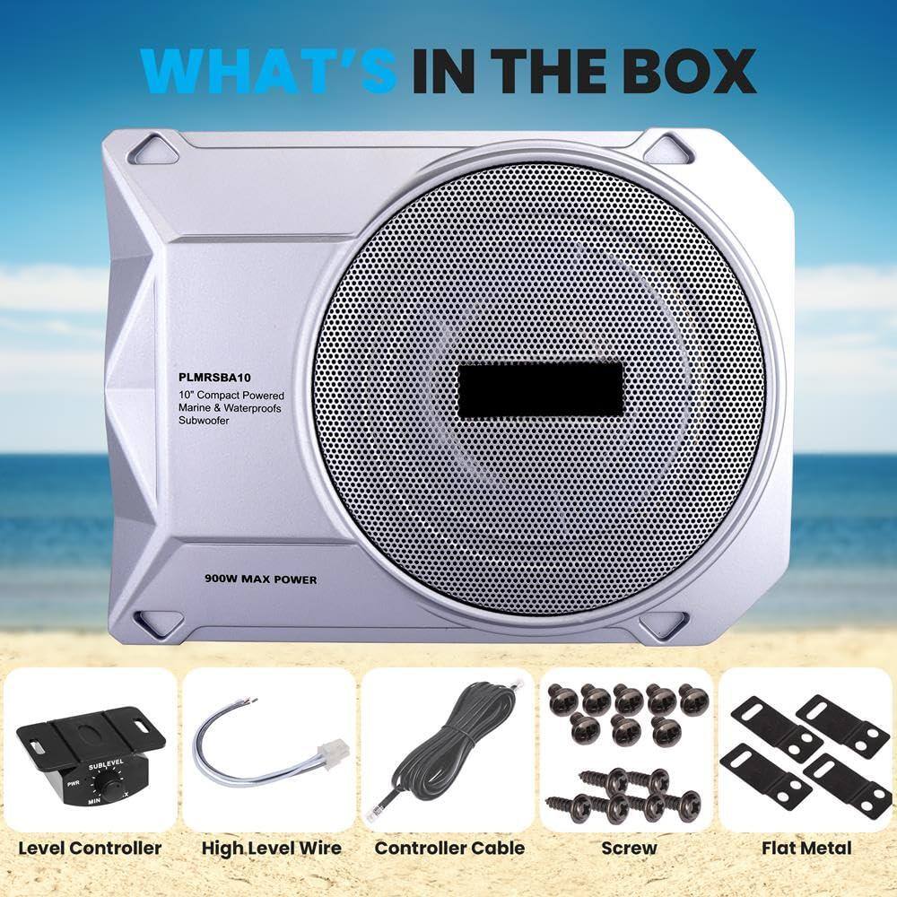 WHAT'S IN THE BOX

PLMRSA10  
10" Compact Powered Marine & Waterproof Subwoofer  
900W MAX POWER

- Level Controller
- High Level Wire
- Controller Cable
- Screw
- Flat Metal