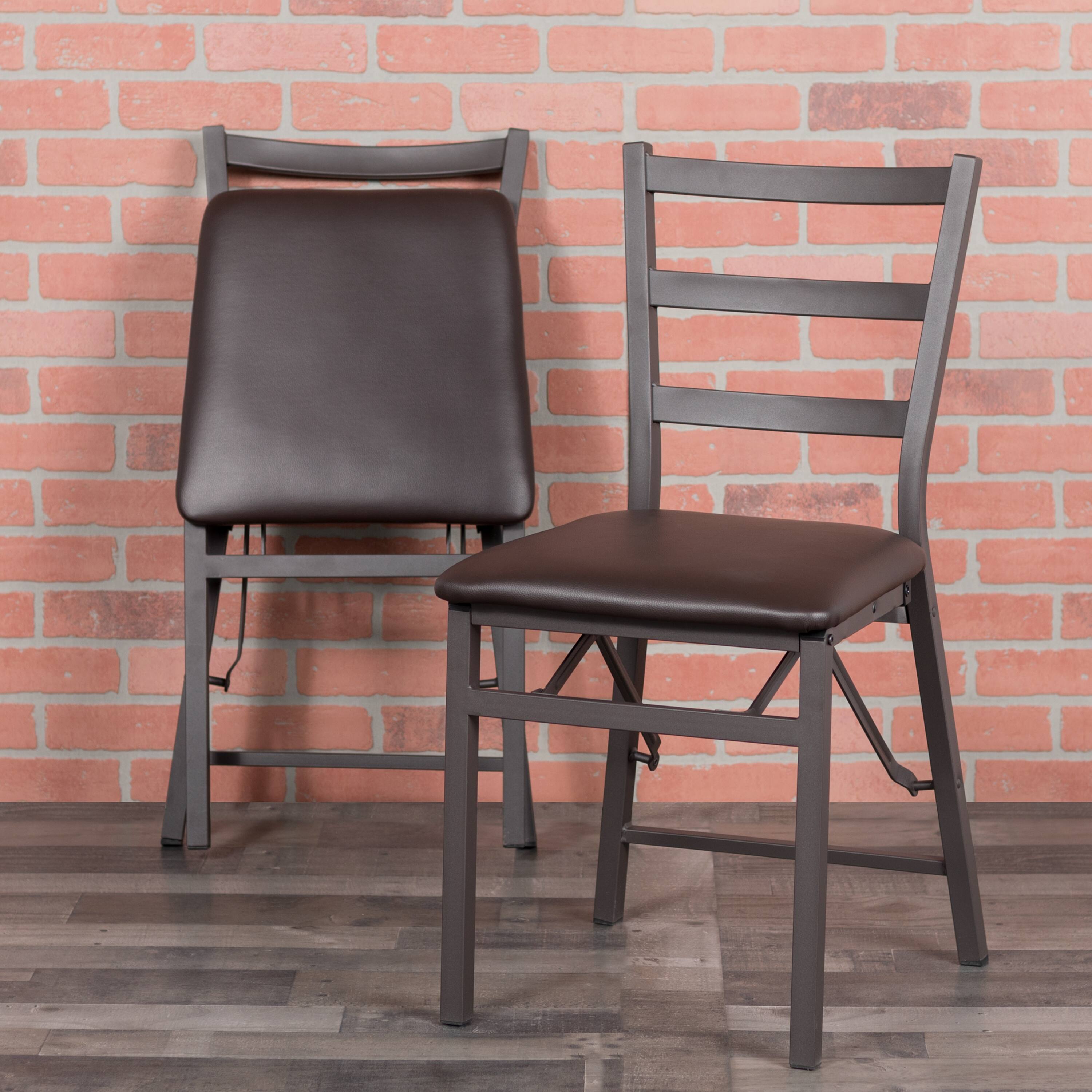 Alt View 2. Emma + Oliver - 2 Pack Folding Ladder Back Metal Chair with Vinyl Seat - Brown.