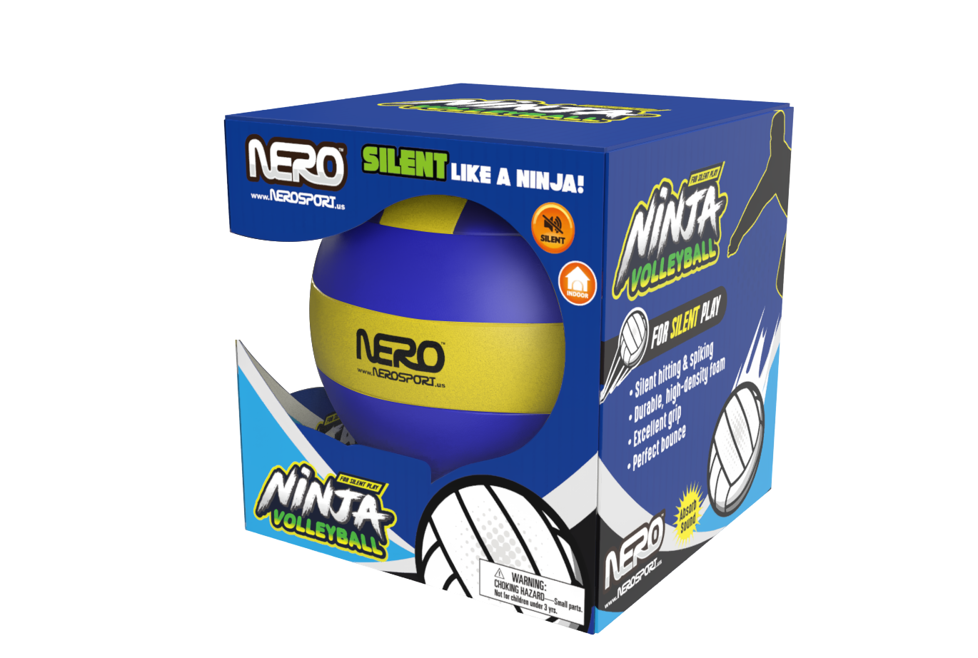 etAL NERO SILENT LIKE A 2 S NINJA! www.NEROSPORT.us V NIiNTA SILENT VOLLEYBALL INDOOR SILENT PLAY FOR NERO E - NEROSPORT, hitting & spicing foam uS Silent high-density Durable grip Excellent bounce Perfect SE NINTA VOLLEYBALL Asor SoUrE CHOKING 4 WARNING: NERO .w.ABSPO Nol bor HAZARD children uit Small - 1 ML. paris.