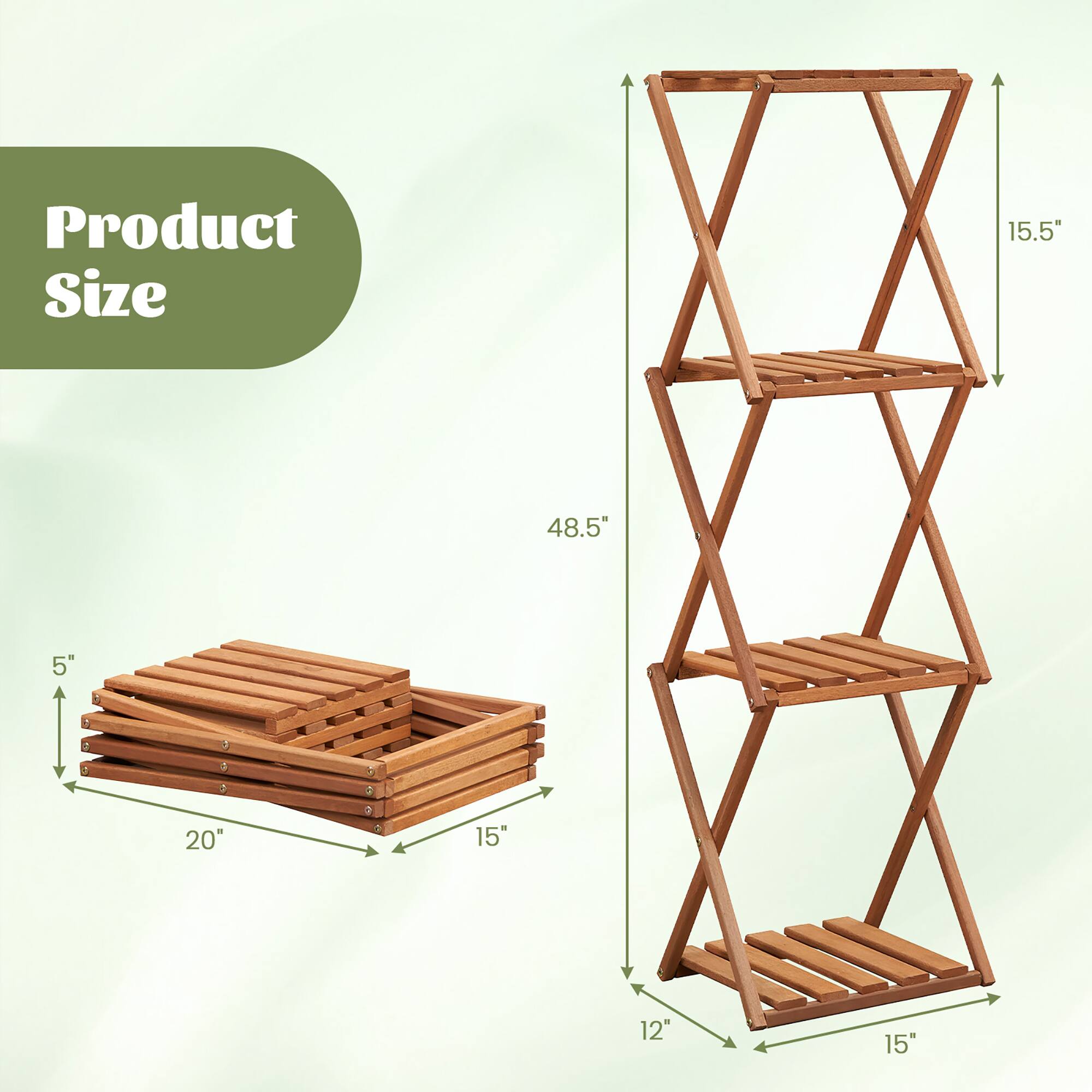 Product Size

- Height: 48.5"
- Width: 15.5"
- Depth: 15"
- Shelf Dimensions: 15" x 20"
- Shelf Thickness: 5"
- Shelf Spacing: 12"