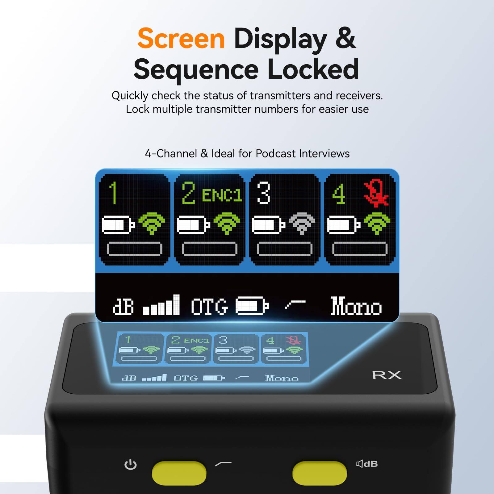 Screen Display & Sequence Locked

Quickly check the status of transmitters and receivers. Lock multiple transmitter numbers for easier use

4-Channel & Ideal for Podcast Interviews

1 2 ENC1 3 4

dB OTG Mono

RX