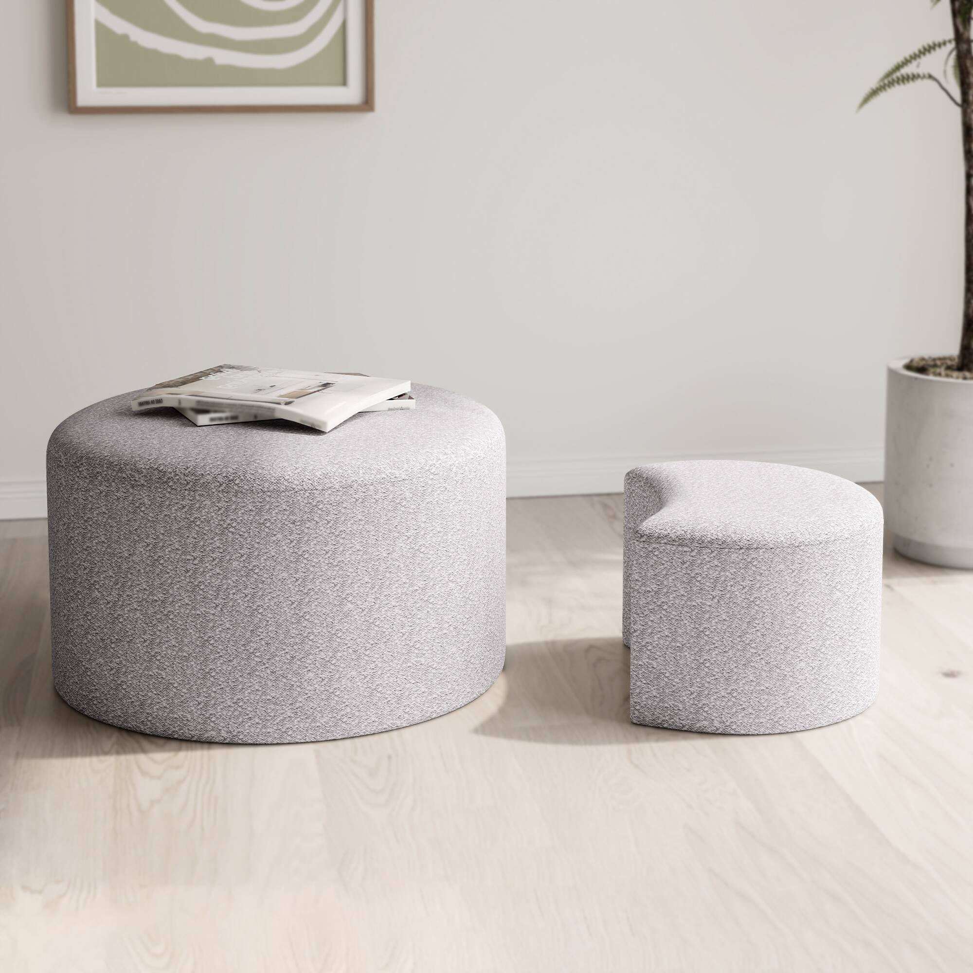 Left. Loheer - Loheer Upholstered Nesting Coffee Tables Beige Ottoman Set of Two Fabric Footrest Seat for Living Room - Beige.
