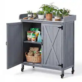 VEVOR - Potting Bench Table, Outdoor Gardening Wooden Storage Cabinet with 36 x 16 in Galvanized Iron Tabletop - Gray
