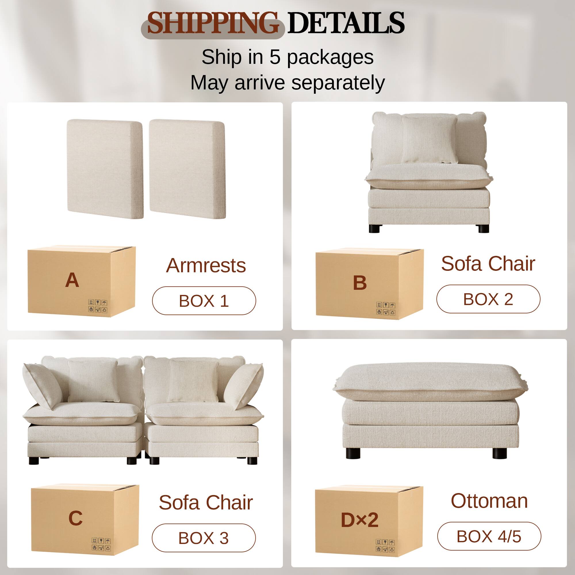 SHIPPING DETAILS
Ship in 5 packages
May arrive separately
A - Armrests
BOX 1
B - Sofa Chair
BOX 2
C - Sofa Chair
BOX 3
D - Ottoman
BOX 4/5