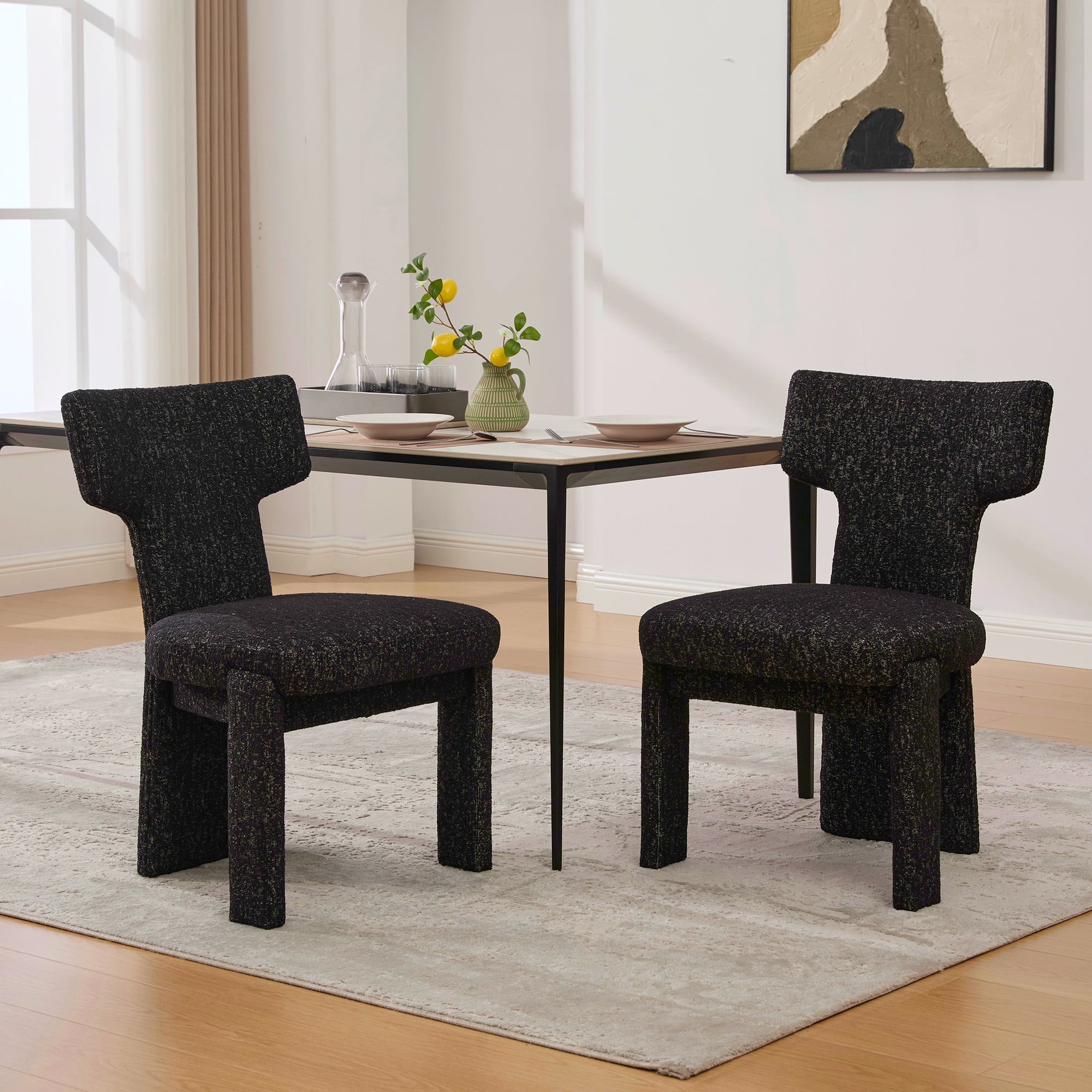 Lirago - 22 Inch Modern Upholstered Chenille Dining Chairs Set of 2 Armless Curved Back Rubberwood Legs - Black+Grey