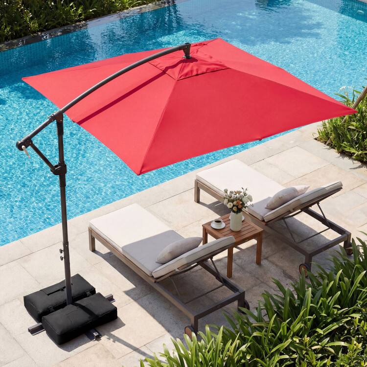 Left. Mondawe - 8x8 FT Offset Cantilever Square Patio Umbrella 360 Rotation with Base - Red.