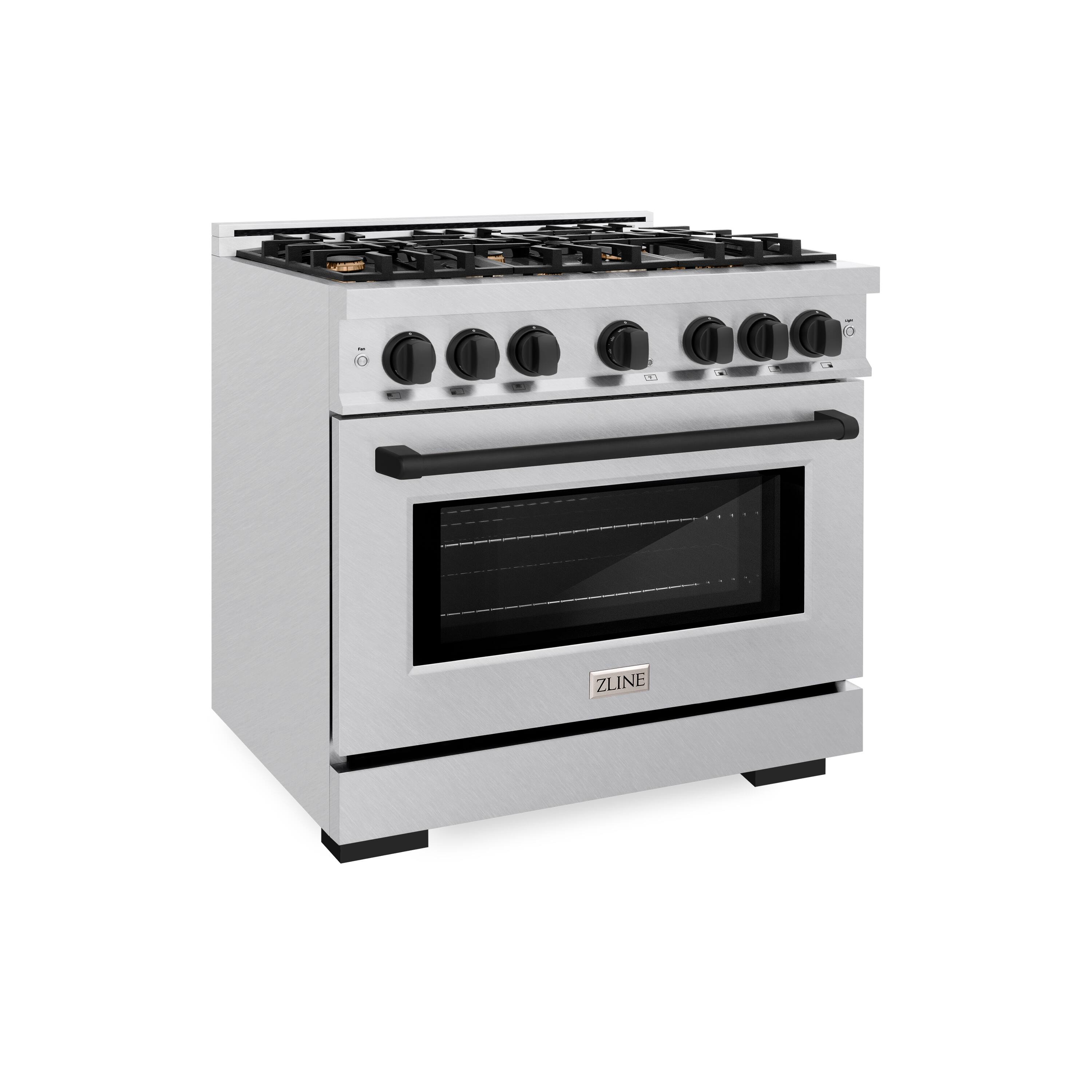 Angle. ZLINE - ZLINE Autograph 36 in. Freestanding Select Satin Steel Gas Range w/ 6 Burners & Black Accents - Satin Stainless Steel.
