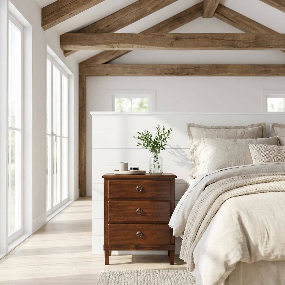 Angle. FurniFact - Brown Nightstand with 3 Drawers and Contemporary Design - Brown.