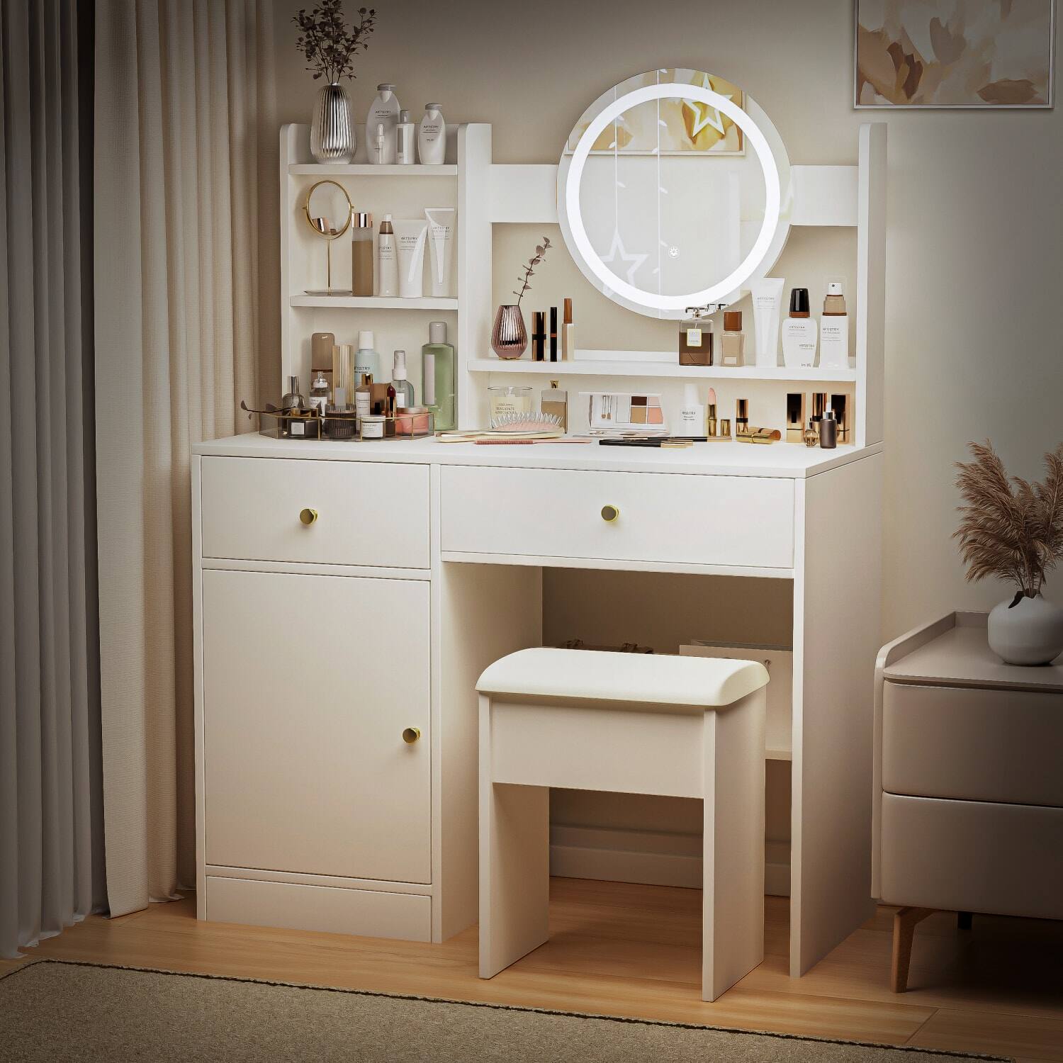 Angle. Lirago - White Wood Dresser Table Desk with Mirror and Lights Dressing Table for Makeup 35.4" W x 15.7" D x 52" H - White.
