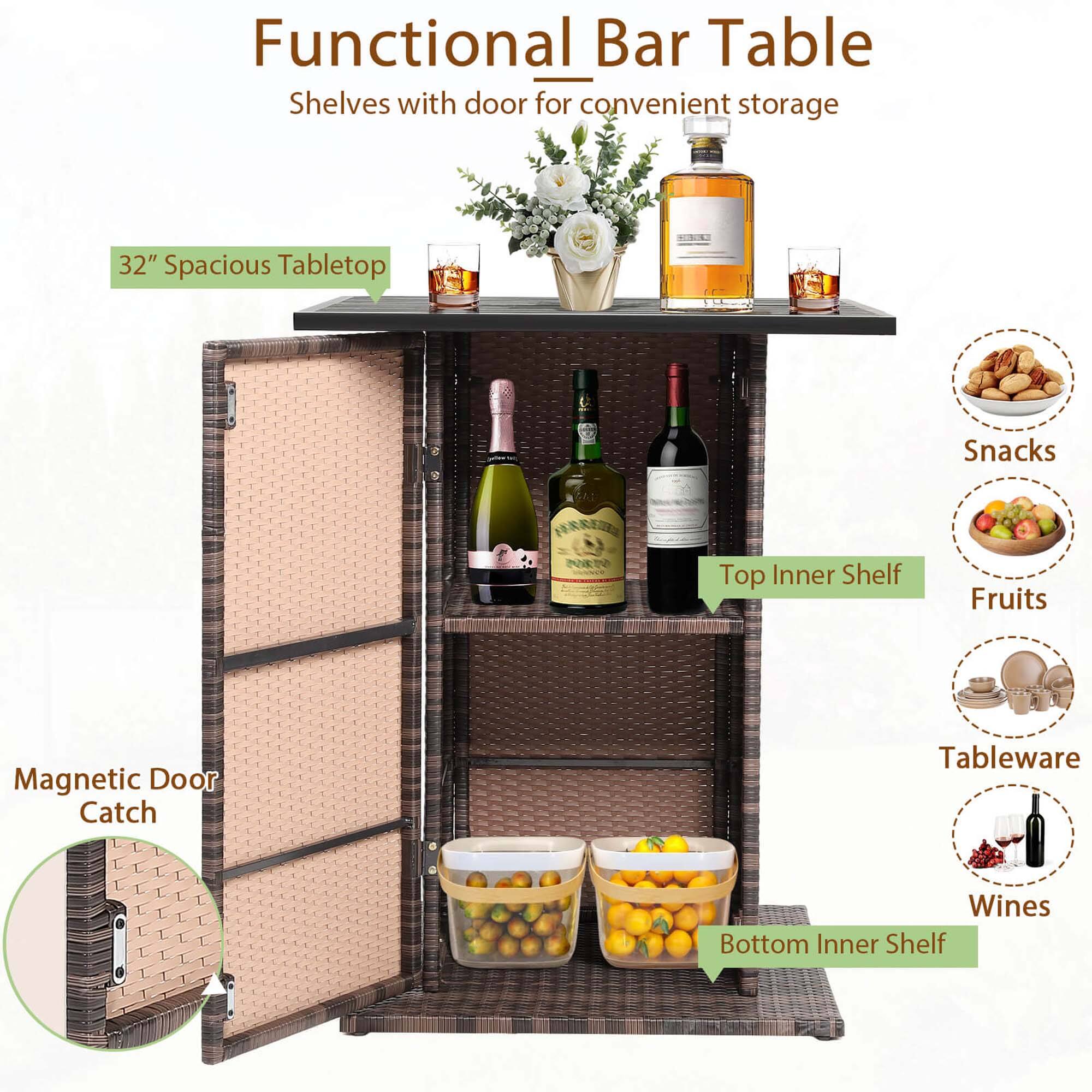 Functional Bar Table, Shelves with door for convenient storage, 32" Spacious Tabletop, Snacks, Top Inner Shelf, Fruits, Magnetic Door Catch, Tableware, Wines, Bottom Inner Shelf