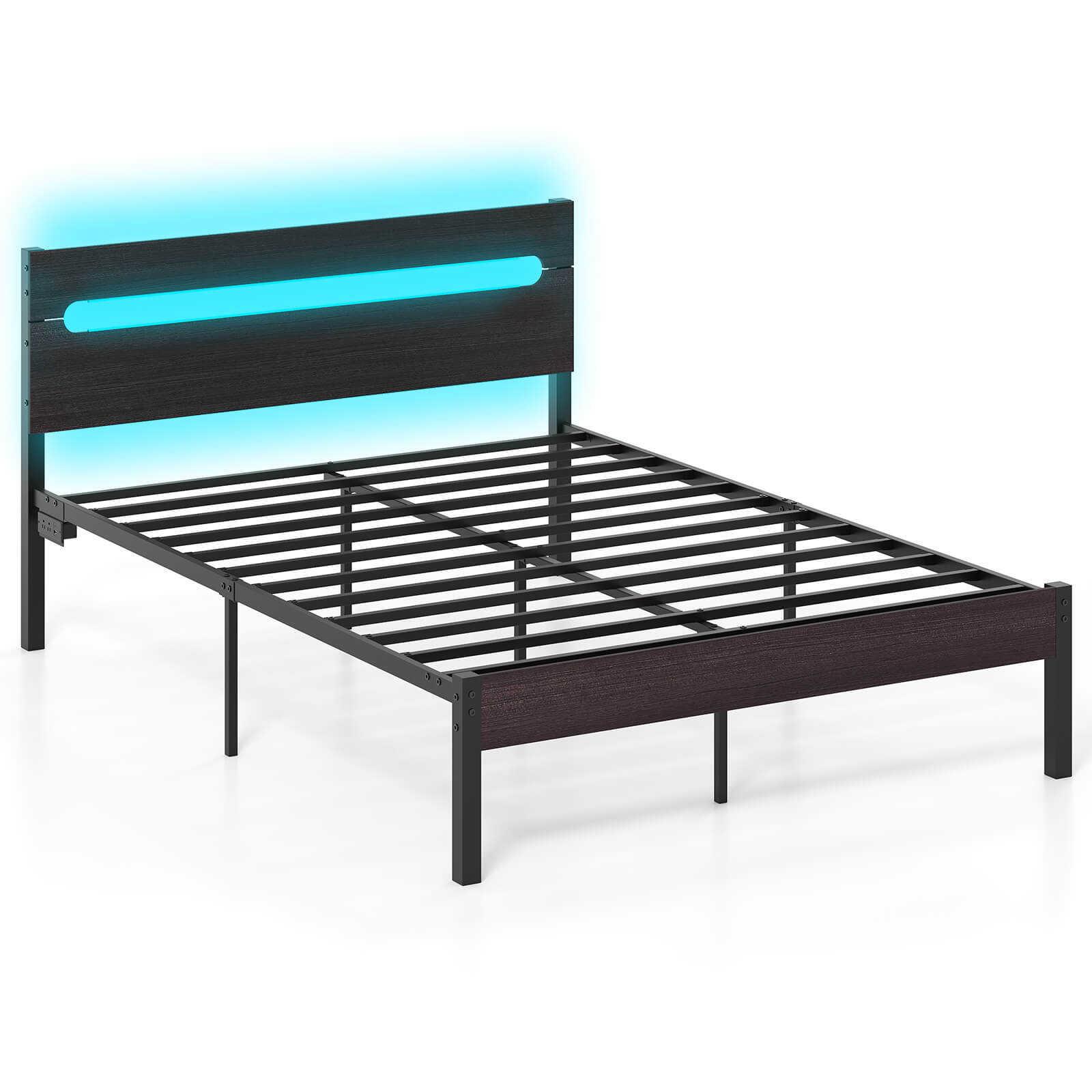 Costway - Full Size Bed Frame with Built-in Charging Station Sturdy Mattress Foundation - Rustic Brown,Black