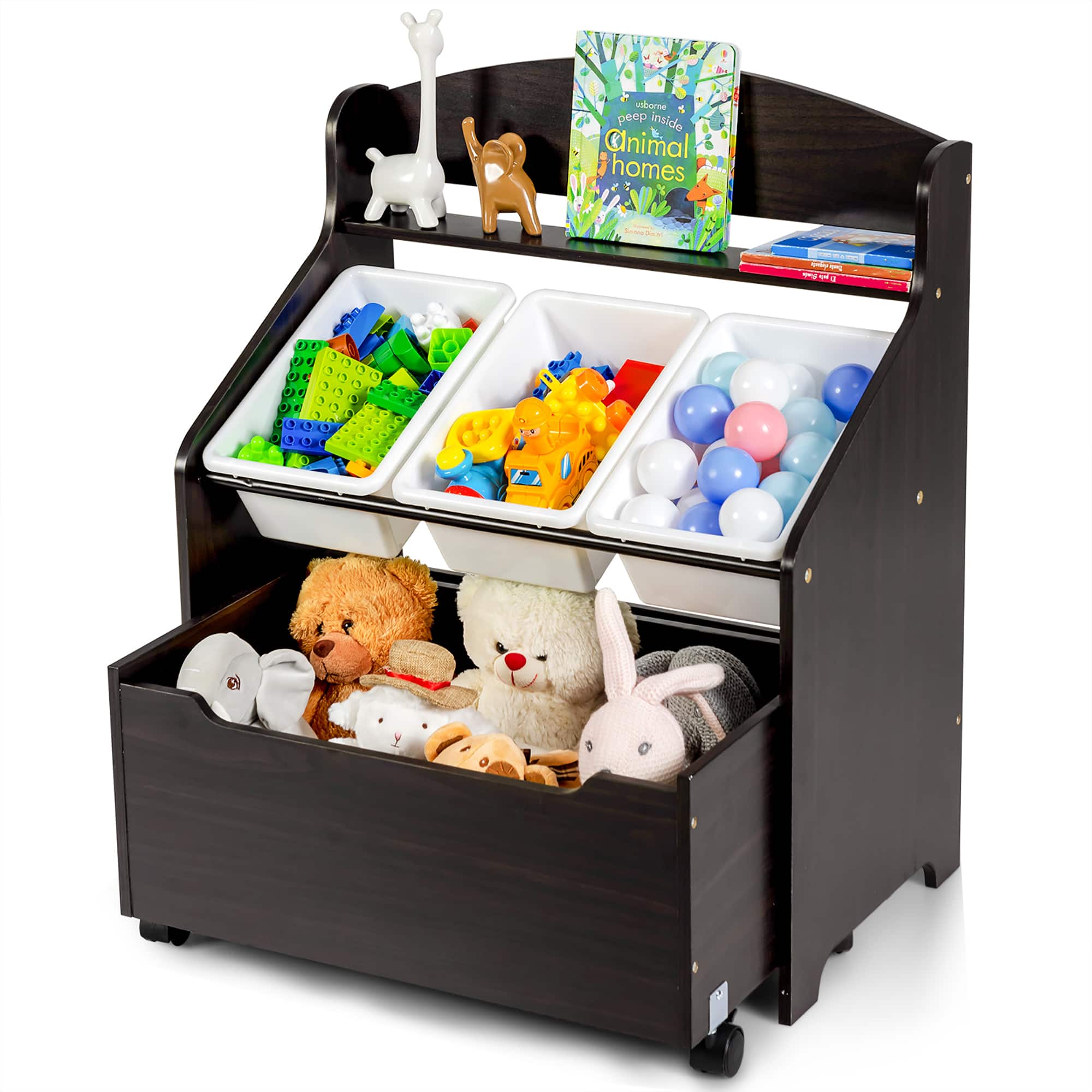 Costway - Kids Wooden Toy Storage Unit Organizer w/Rolling Toy Box & Plastic Bins - Espresso