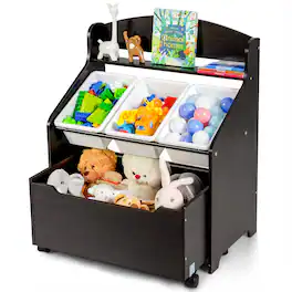 Costway - Kids Wooden Toy Storage Unit Organizer w/Rolling Toy Box & Plastic Bins - Espresso
