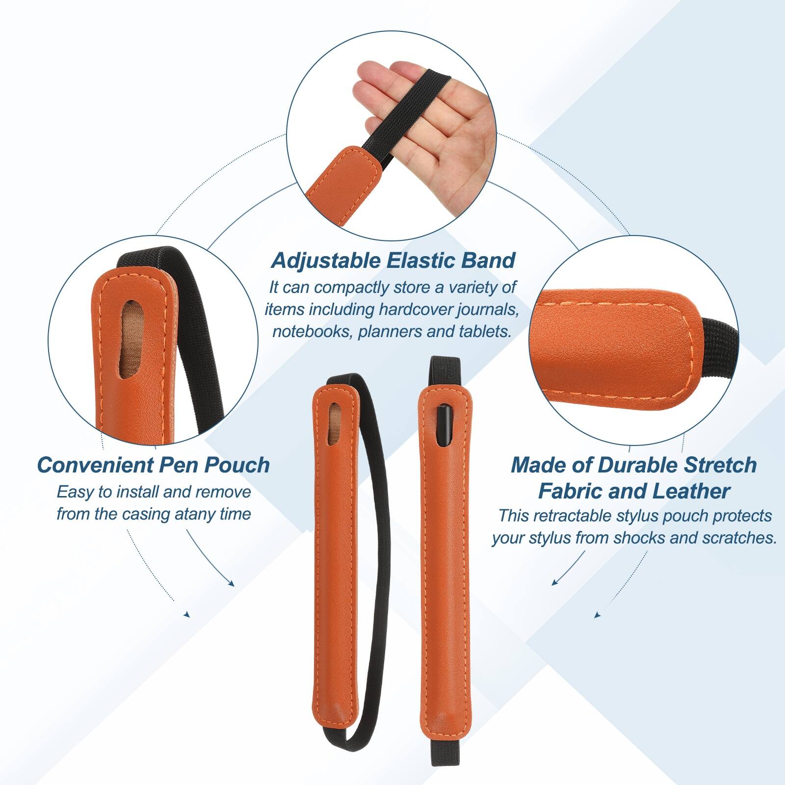 Adjustable Elastic Band  
It can compactly store a variety of items including hardcover journals, notebooks, planners, and tablets.

Convenient Pen Pouch  
Easy to install and remove from the casing at any time.

Made of Durable Stretch Fabric and Leather  
This retractable stylus pouch protects your stylus from shocks and scratches.