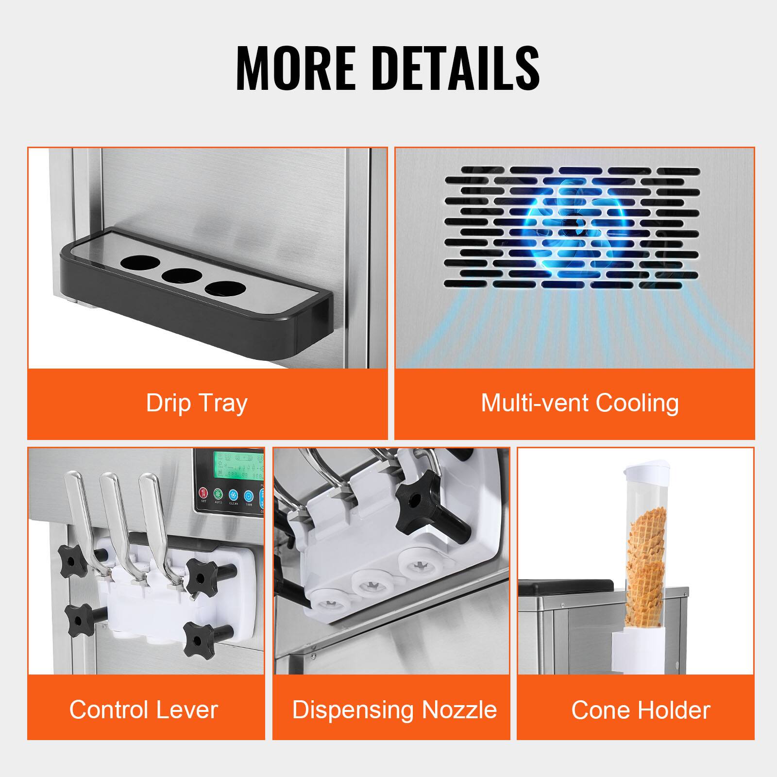 MORE DETAILS

- Drip Tray
- Multi-vent Cooling
- Control Lever
- Dispensing Nozzle
- Cone Holder
