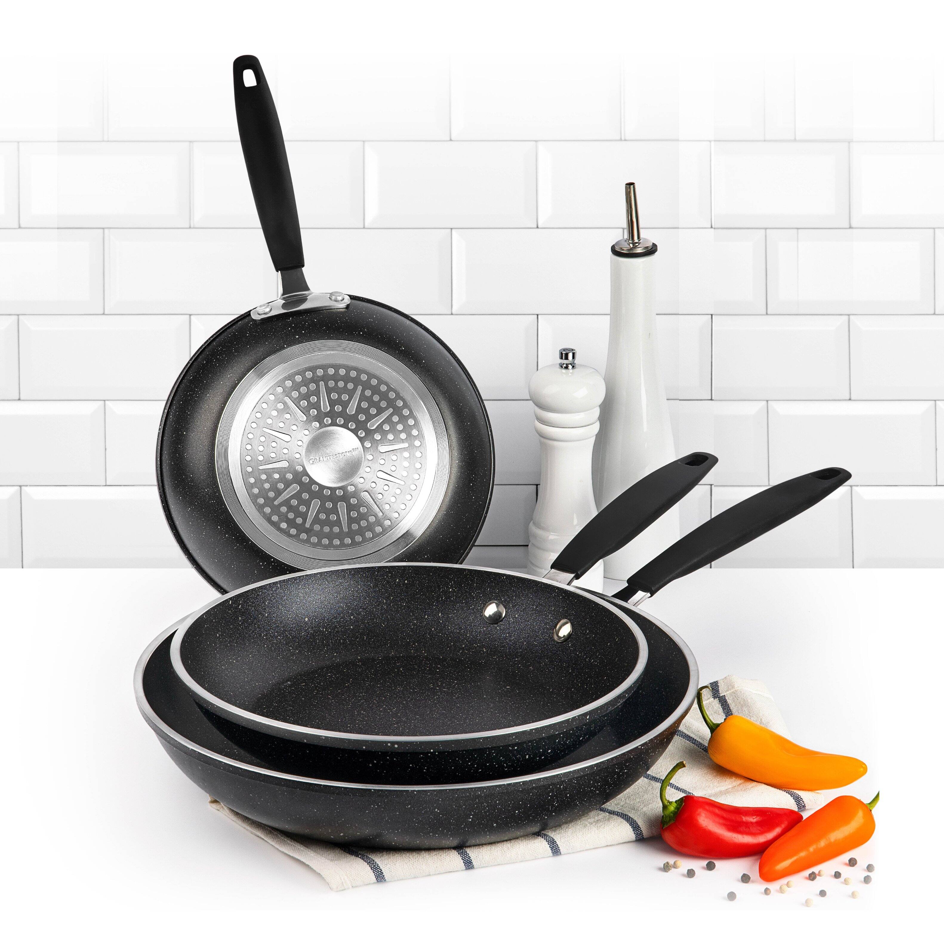 Left. Granitestone - Granitestone 3 Pack Nonstick Fry Pan Set with Rubber Grib Handle - 8'' 10'' and 12'' - Black.