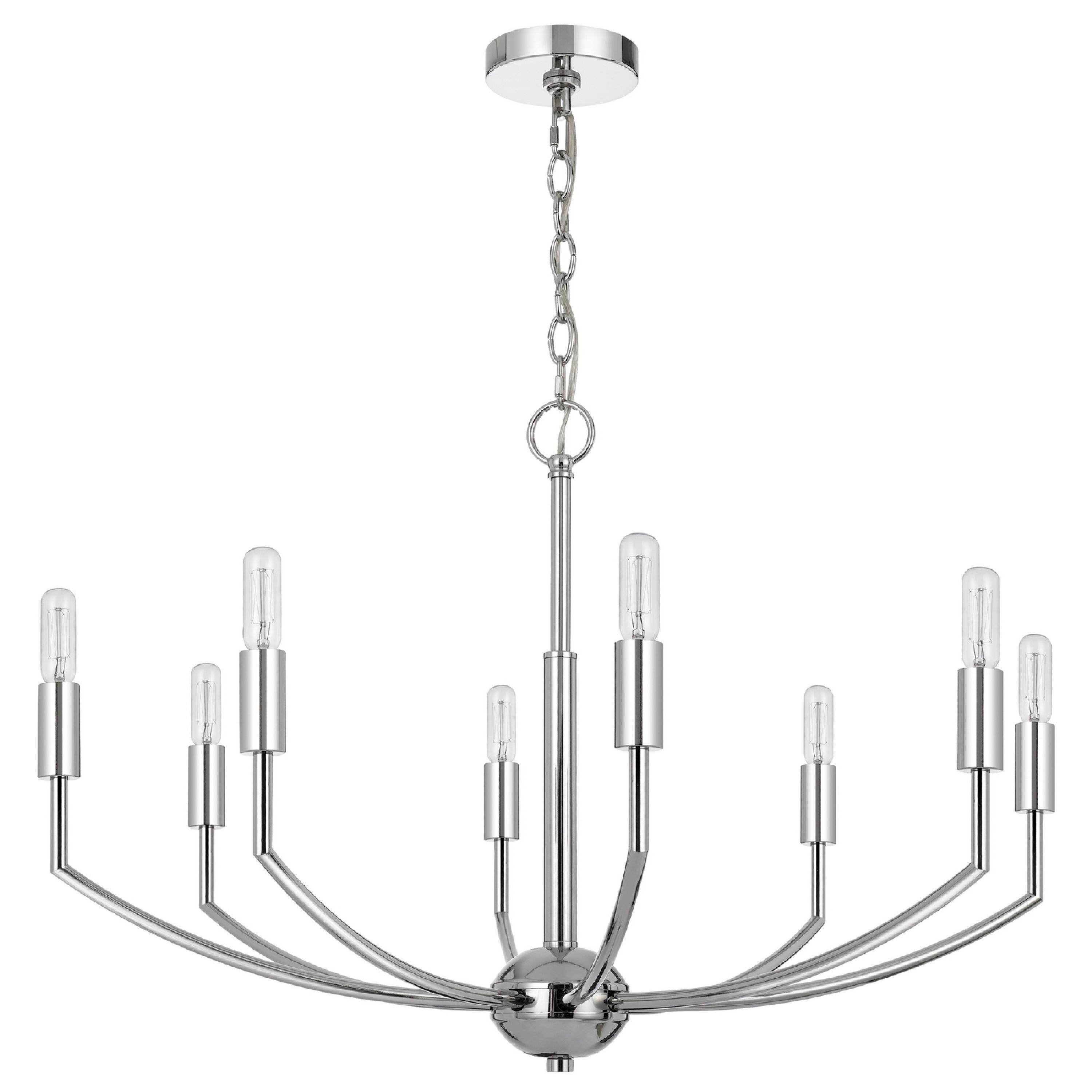 Left. Manhattan Lane - Kera 8 Light Candelabra Chandelier, 30 Inch Wide Arm Modern Chrome Metal - Chrome.