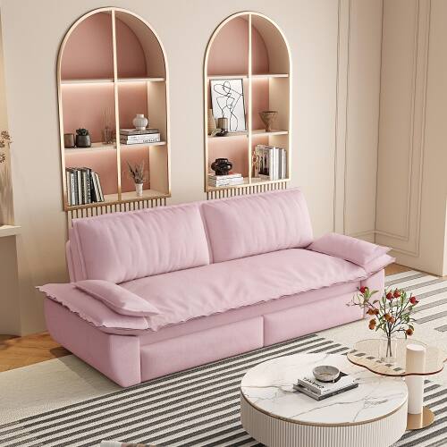 Angle. JUJABU - 73.2" Queen Pull Out Sofa Bed, 3-in-1 Convertible Sleeper Sofa, Pink Velvet Loveseat Bed - Pink.
