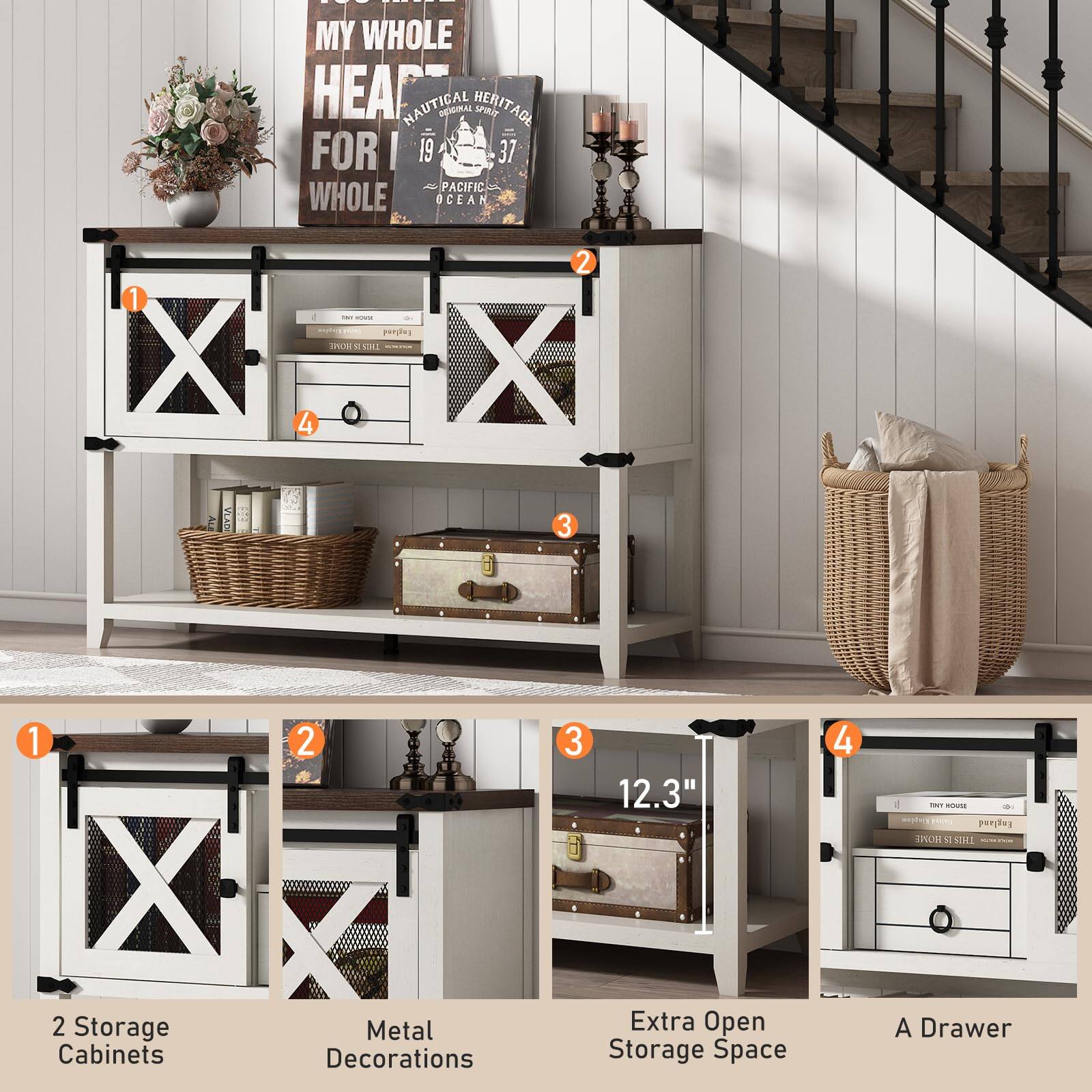MY WHOLE HEART FOR WHOLE

NAUTICAL HERITAGE
1937 PACIFIC OCEAN

1. 2 Storage Cabinets
2. Metal Decorations
3. Extra Open Storage Space
4. A Drawer

12.3"