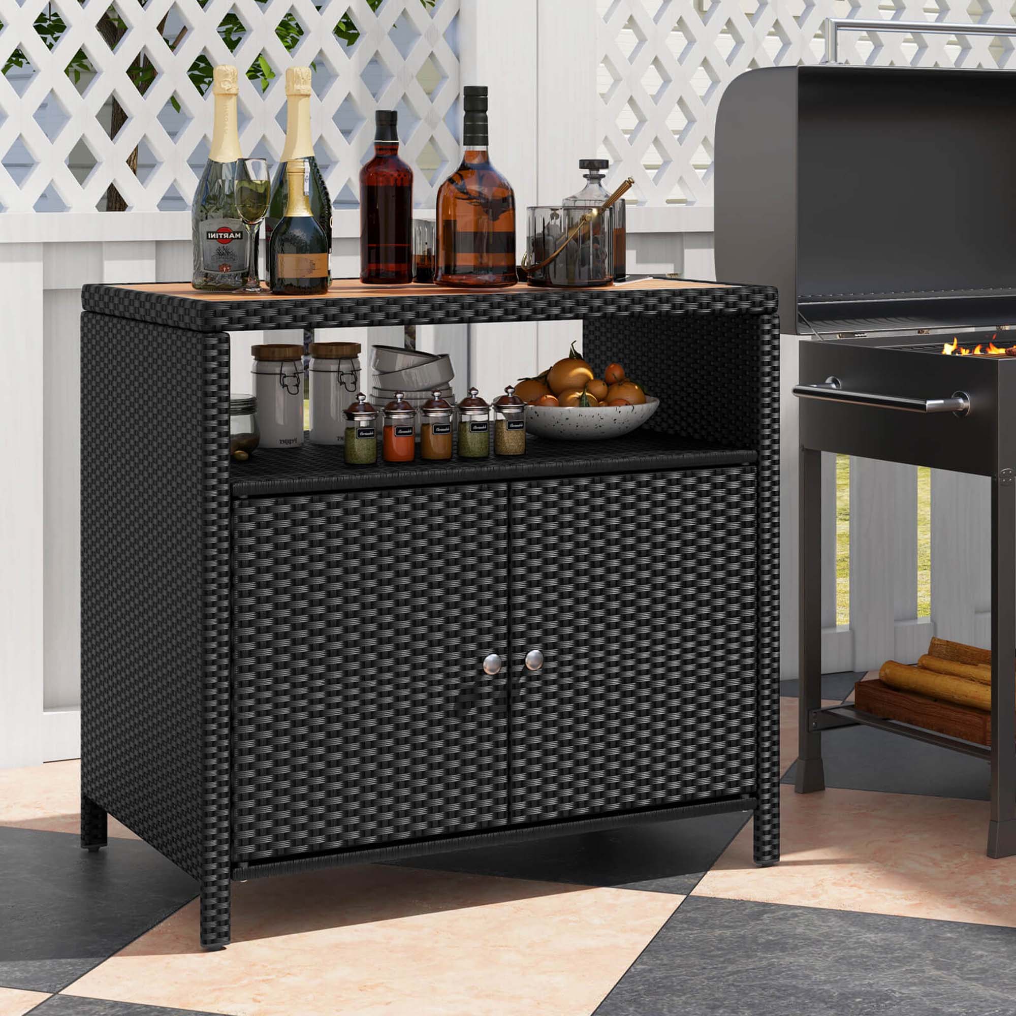 Alt View 1. Costway - Patio Rattan Storage Cabinet with Acacia Wood Countertop Open Shelf 2 Door Cabinet - Black + Natural.