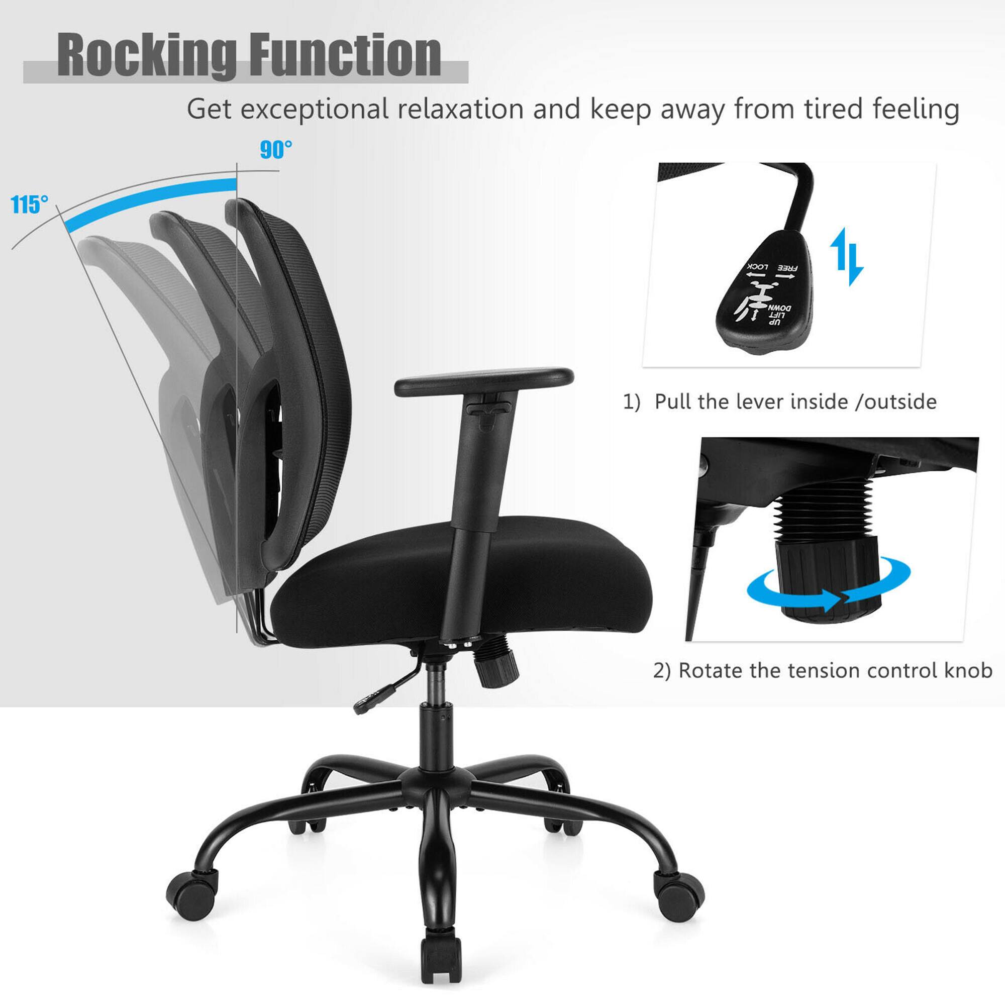 Rocking Function  
Get exceptional relaxation and keep away from tired feeling  

90°  
115°  

1) Pull the lever inside/outside  
2) Rotate the tension control knob