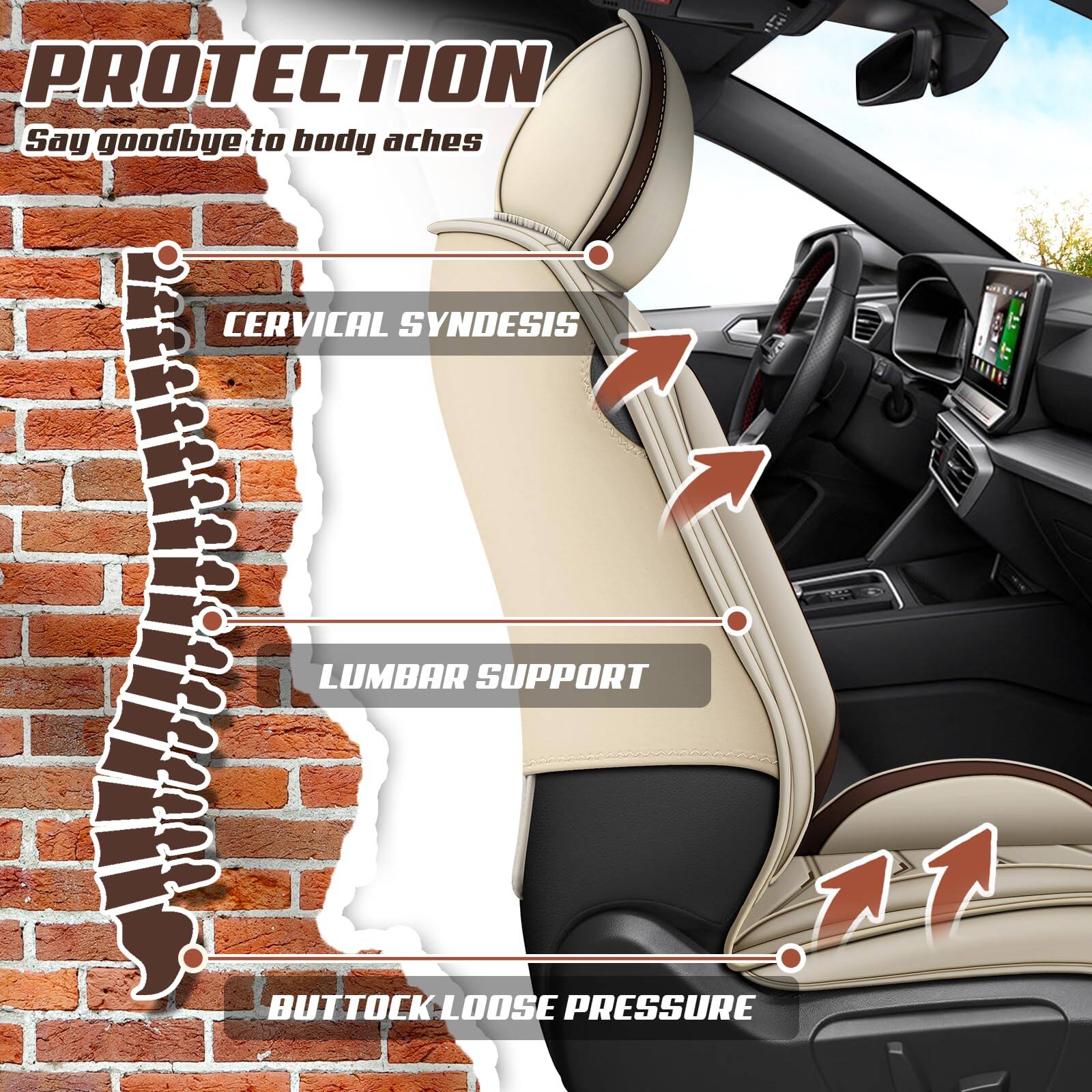 PROTECTION  
Say goodbye to body aches  

CERVICAL SYNDESIS  
LUMBAR SUPPORT  
BUTTOCK LOOSE PRESSURE