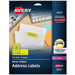 Avery - Sure Feed Laser Address Labels, 1" x 2 5/8", 750 Labels/Pack - Neon Yellow
