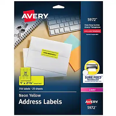 AVERY
5972
Free Easy-to-Use Avery Templates
avery.com/templates
OPEN IMMEDIATELY
30 lbels
1 x 2 5/8"
Neon Yellow
Address Labels
750 labels
25 sheets
SURE FEED
Technology
for Perfect Fit Every Time
Laser
AVERY
5972