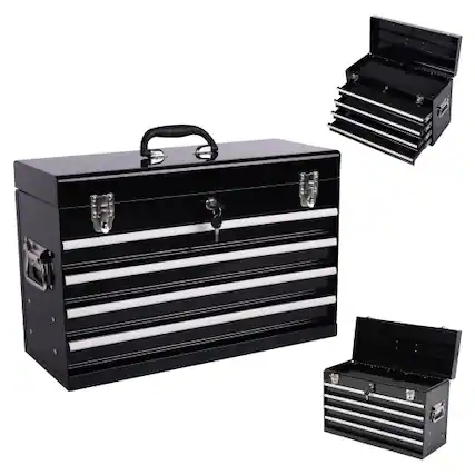 Front. LOVMOR - Heavy Duty Metal Tool Box 21 inch Portable Metal Tool Box with 4 Drawers Small Tool Chest with EVA Liners Ball Bearing S.