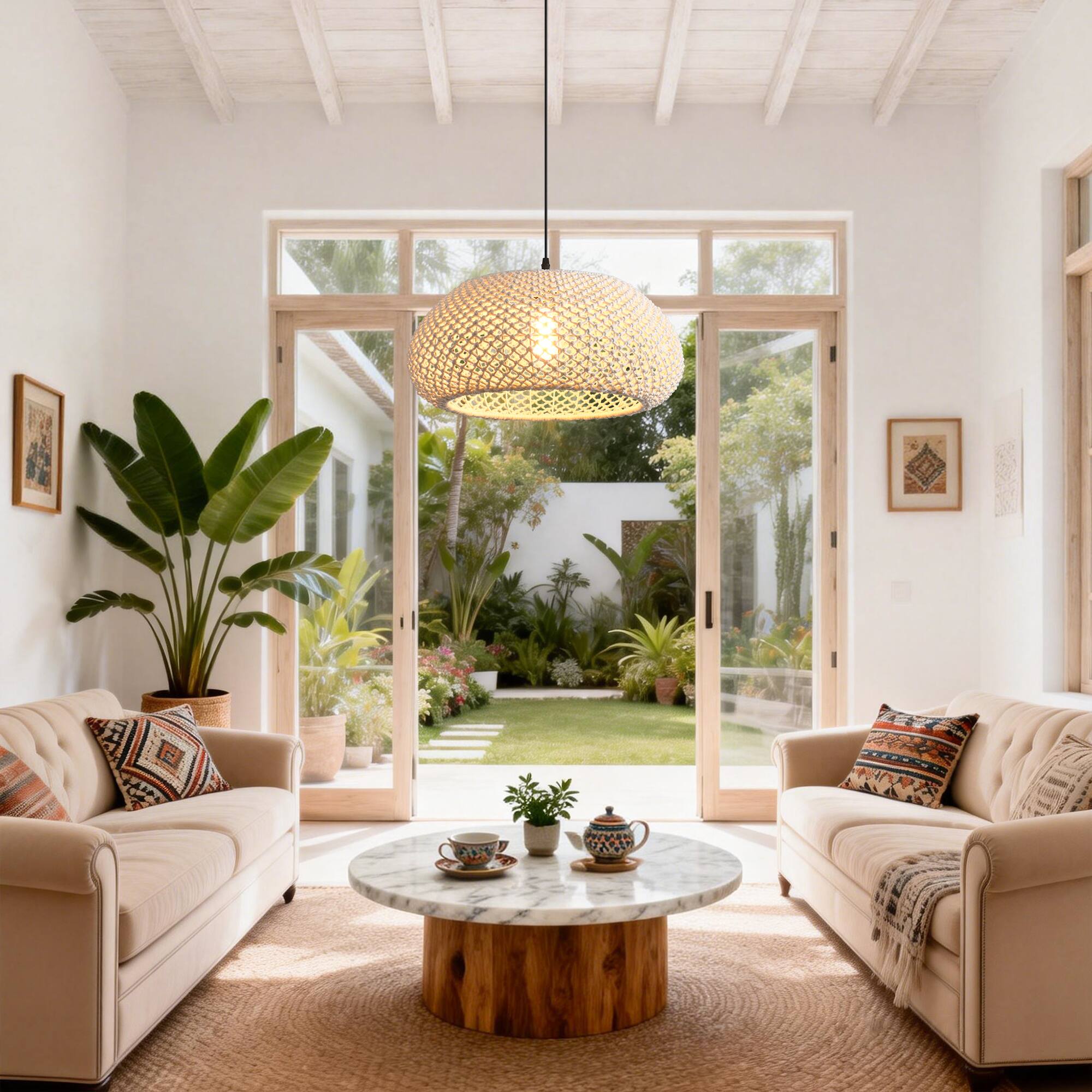 Angle. Parrot Uncle - 1-Light Rustic Beige Hand-Woven Cotton Hanging Basket Pendant Light.