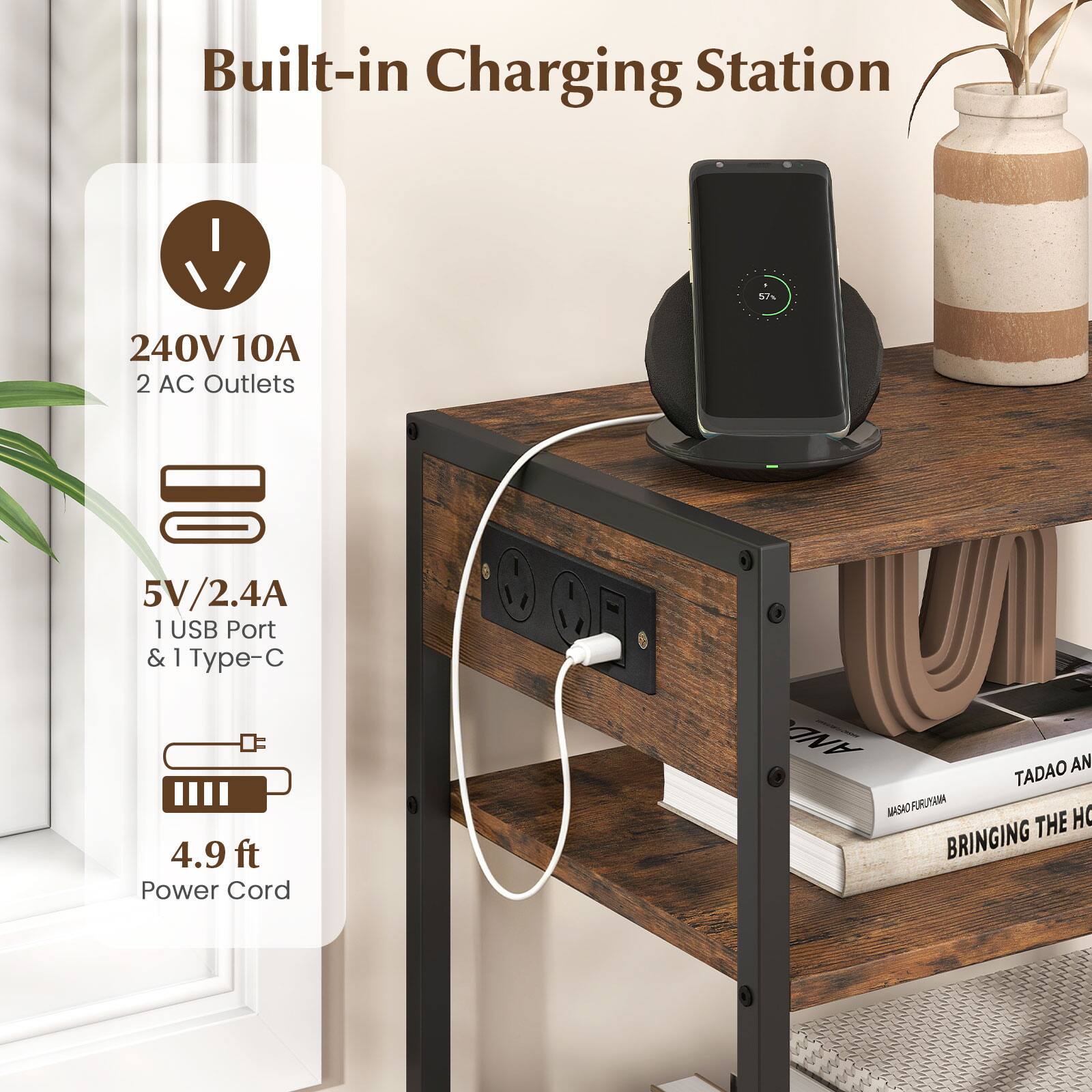 Built-in Charging Station  
240V 10A  
2 AC Outlets  
5V/2.4A  
1 USB Port & 1 Type-C  
4.9 ft Power Cord  

AND AN  
TADAO AN  
MASAO FURUYAMA  
BRINGING THE