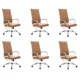 LeisureMod - Set of 6 Benmar High Back Leather Executive Office Chair with Adjustable Height and Ribbed Design Seat & Backrest - Brown