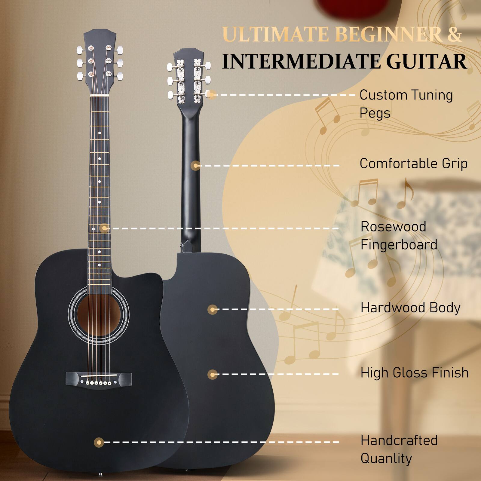 ULTIMATE BEGINNER & INTERMEDIATE GUITAR

- Custom Tuning Pegs
- Comfortable Grip
- Rosewood Fingerboard
- Hardwood Body
- High Gloss Finish
- Handcrafted Quality