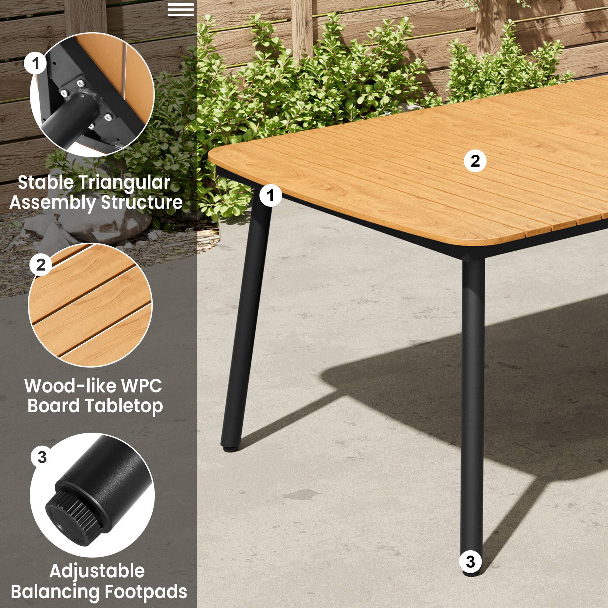 1. Stable Triangular Assembly Structure  
2. Wood-like WPC Board Tabletop  
3. Adjustable Balancing Footpads