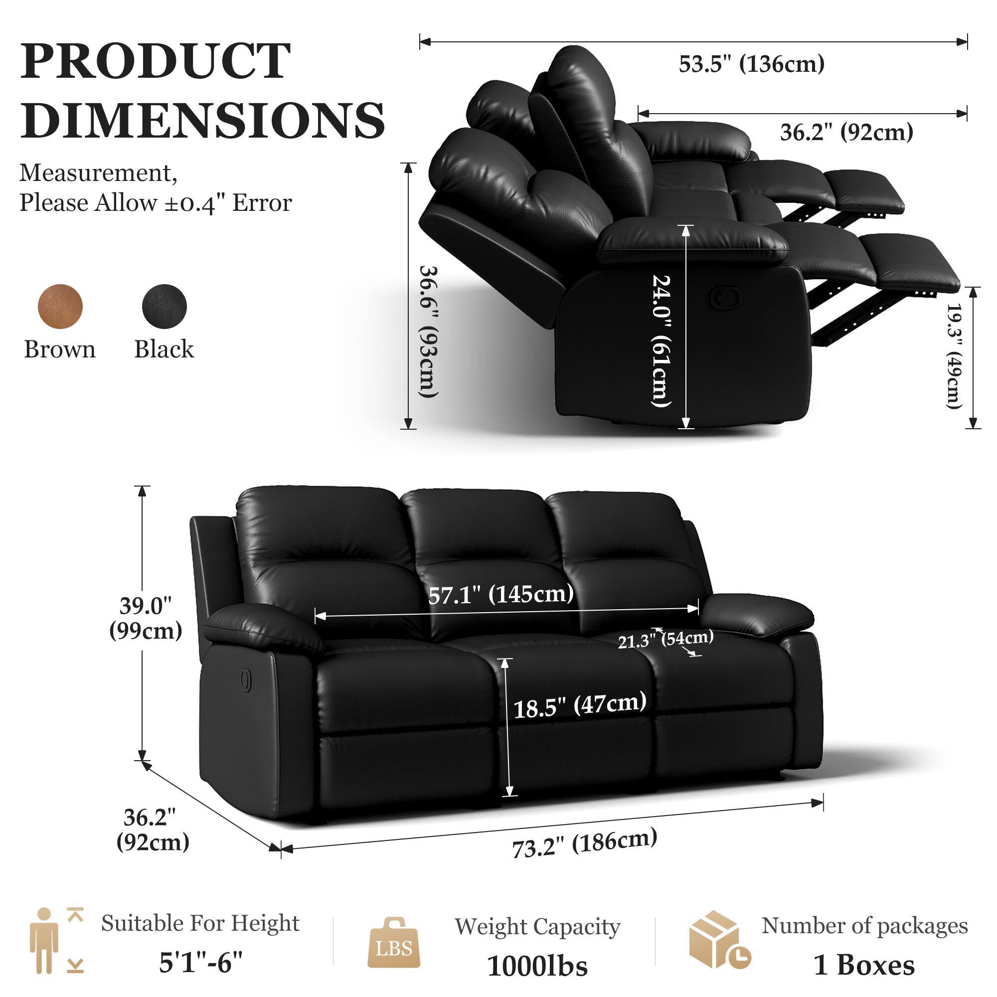 PRODUCT DIMENSIONS  
Measurement, Please Allow ±0.4" Error  

- 53.5" (136cm)  
- 36.2" (92cm)  
- 36.6" (93cm)  
- 24.0" (61cm)  
- 19.3" (49cm)  
- 39.0" (99cm)  
- 57.1" (145cm)  
- 21.3" (54cm)  
- 18.5" (47cm)  
- 36.2" (92cm)  
- 73.2" (186cm)  

Suitable For Height: 5'1"-6"  
Weight Capacity: 1000lbs  
Number of packages: 1 Boxes